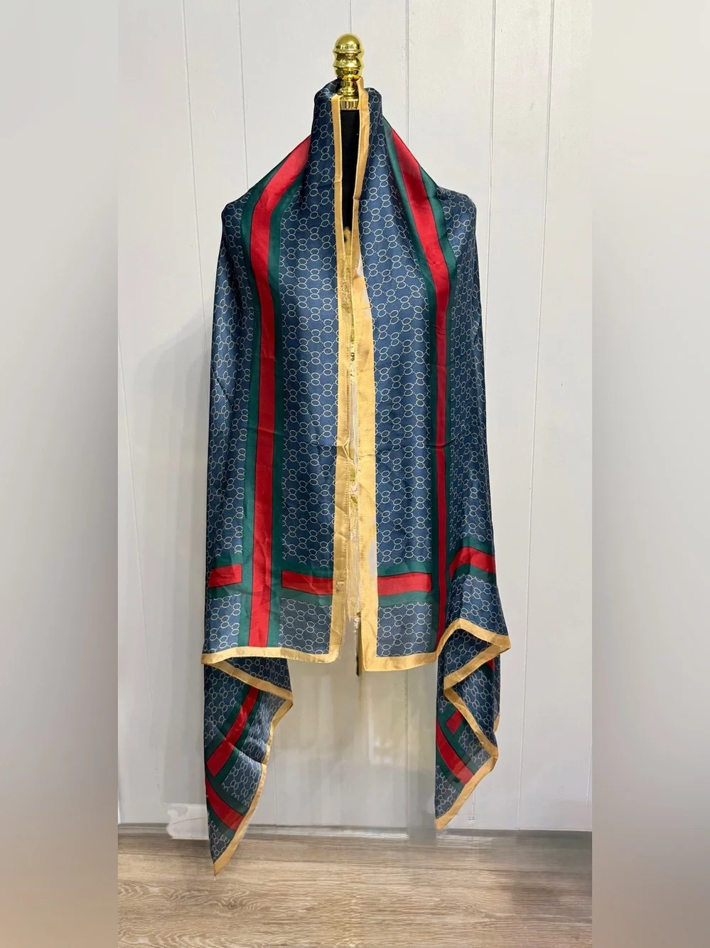 Silk Luxury Navy Patterned Large Scarf with Red & Green Stripes and Gold Trim
